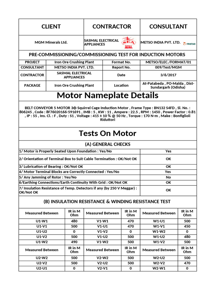 Induction Motor Commissioning Report | PDF | Electric Motor | Power ...