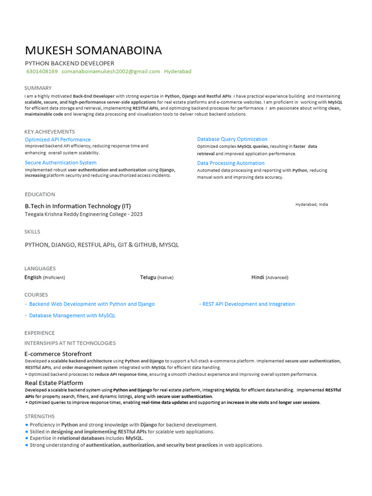 MukeshSomanaboina PythonDeveloper Resume | PDF | My Sql | Databases