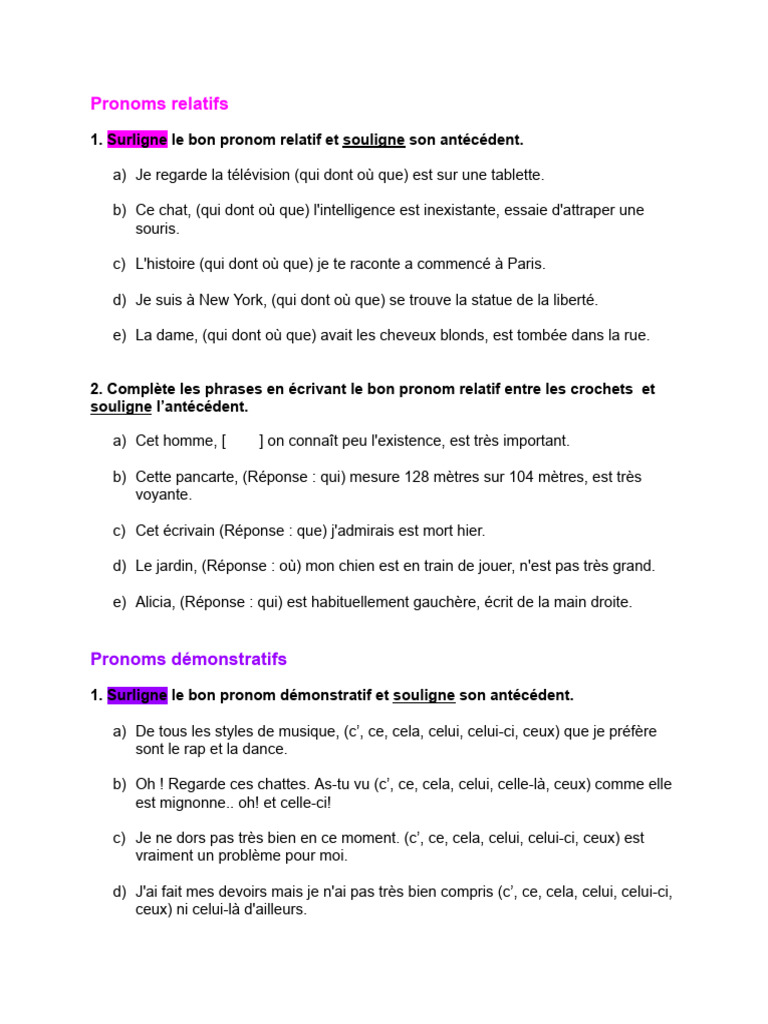 Exercices sur les pronoms en français | PDF | Pronom