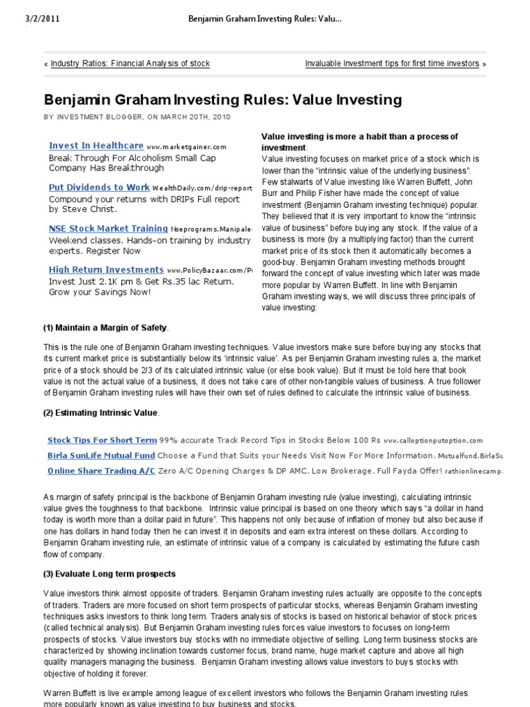 Benjamin Graham's Value Investing Rules | PDF | Benjamin Graham | Value ...