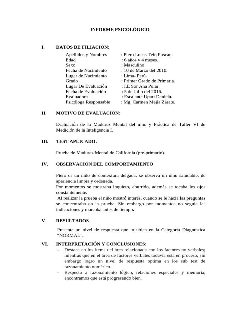 Informe de Evaluación Psicológica Infantil | PDF | Memoria | Inteligencia