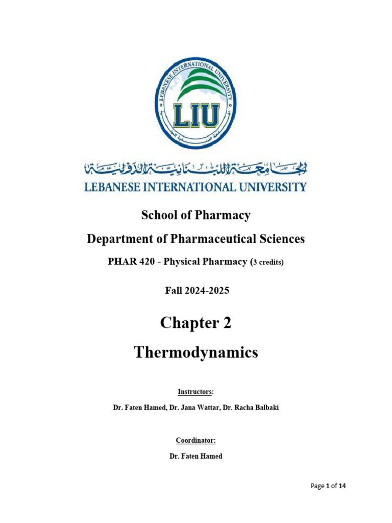 PHAR 420 - Chapter 2 Thermodynamics | PDF | Gibbs Free Energy ...