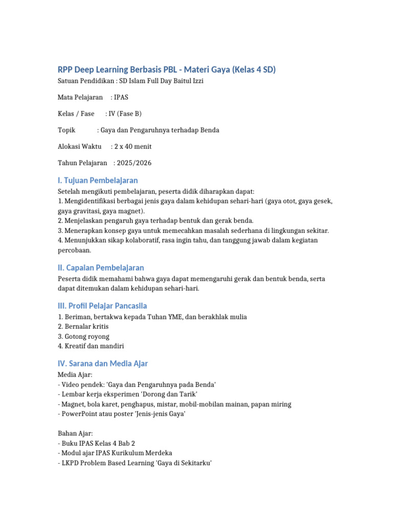 RPP Deep Learning PBL Gaya Kelas4 | PDF