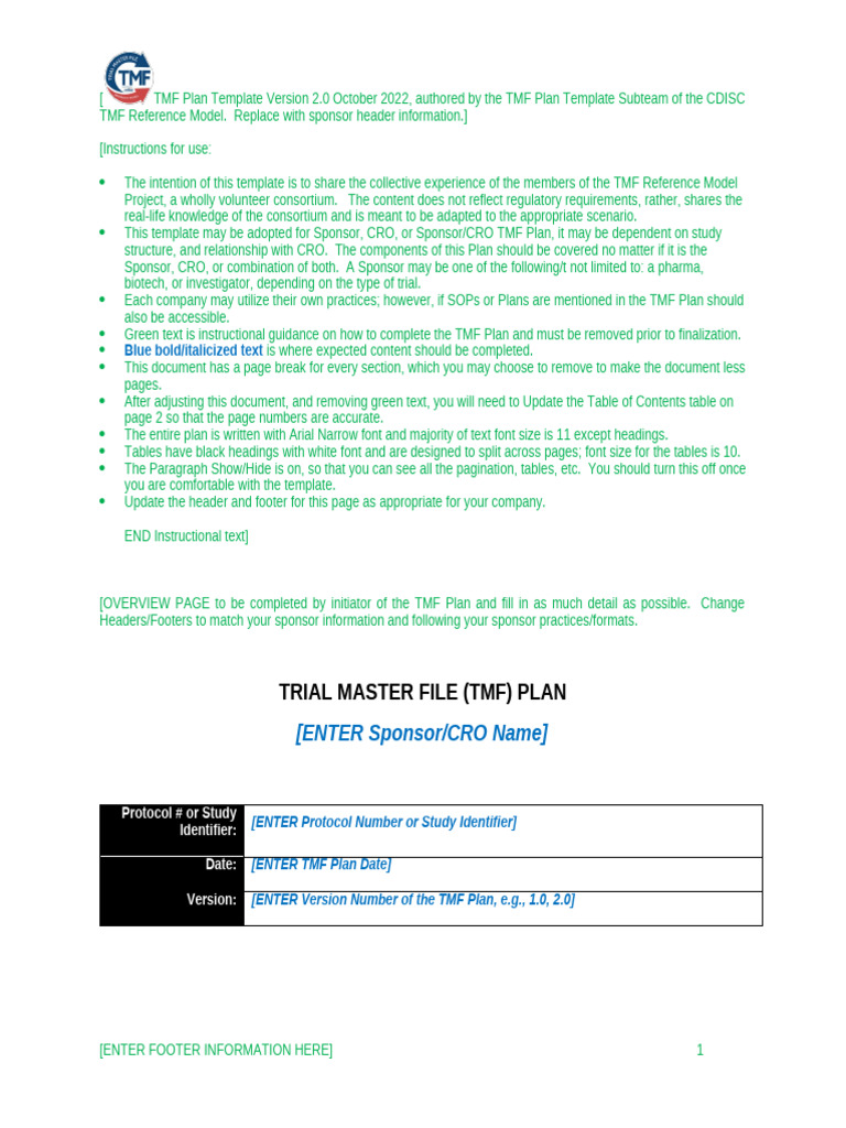 TMF Plan Template for Clinical Trials | PDF