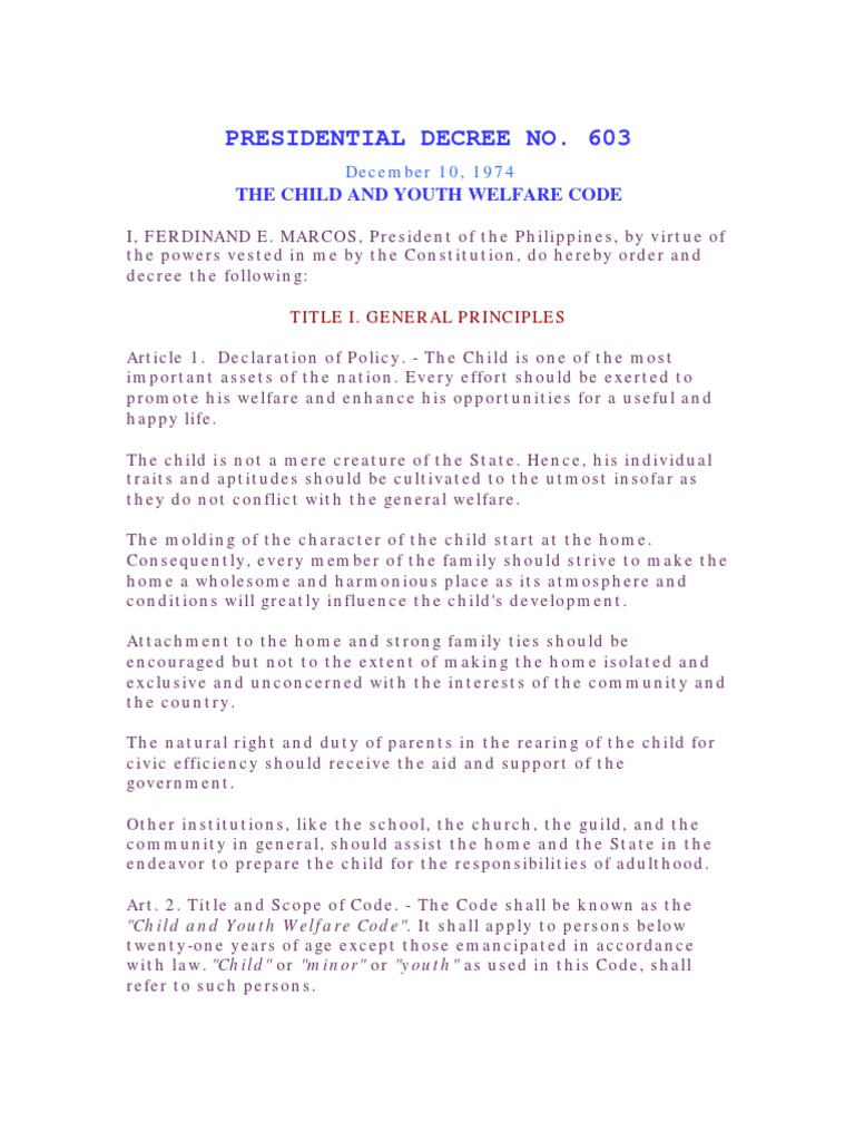 Child and Youth Welfare Code (PD 603) PDF Legal Guardian Child