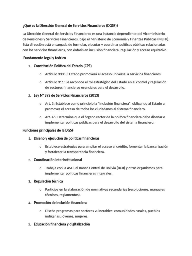 Funciones de la DGSF en Bolivia | PDF | Pensión | Inclusión financiera