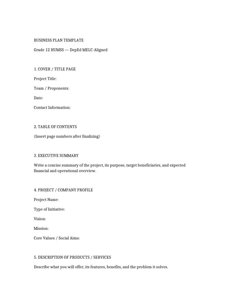 Business Plan Template Grade12 HUMSS | PDF