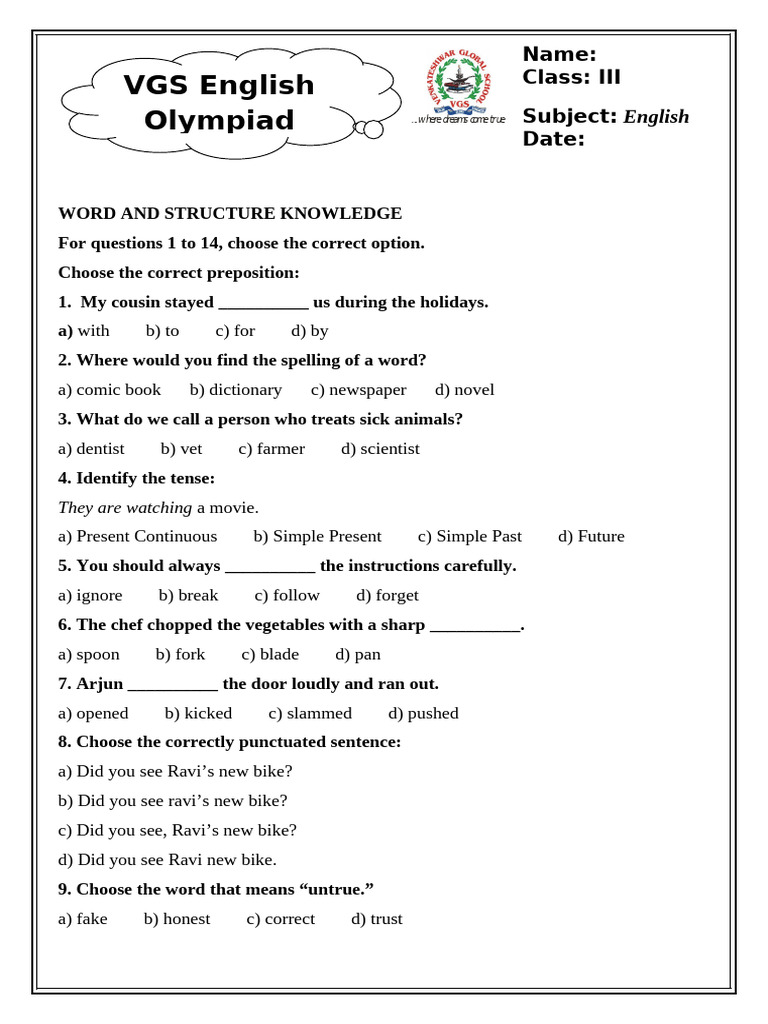English Olympiad Class III 2025-26 | PDF | English Language