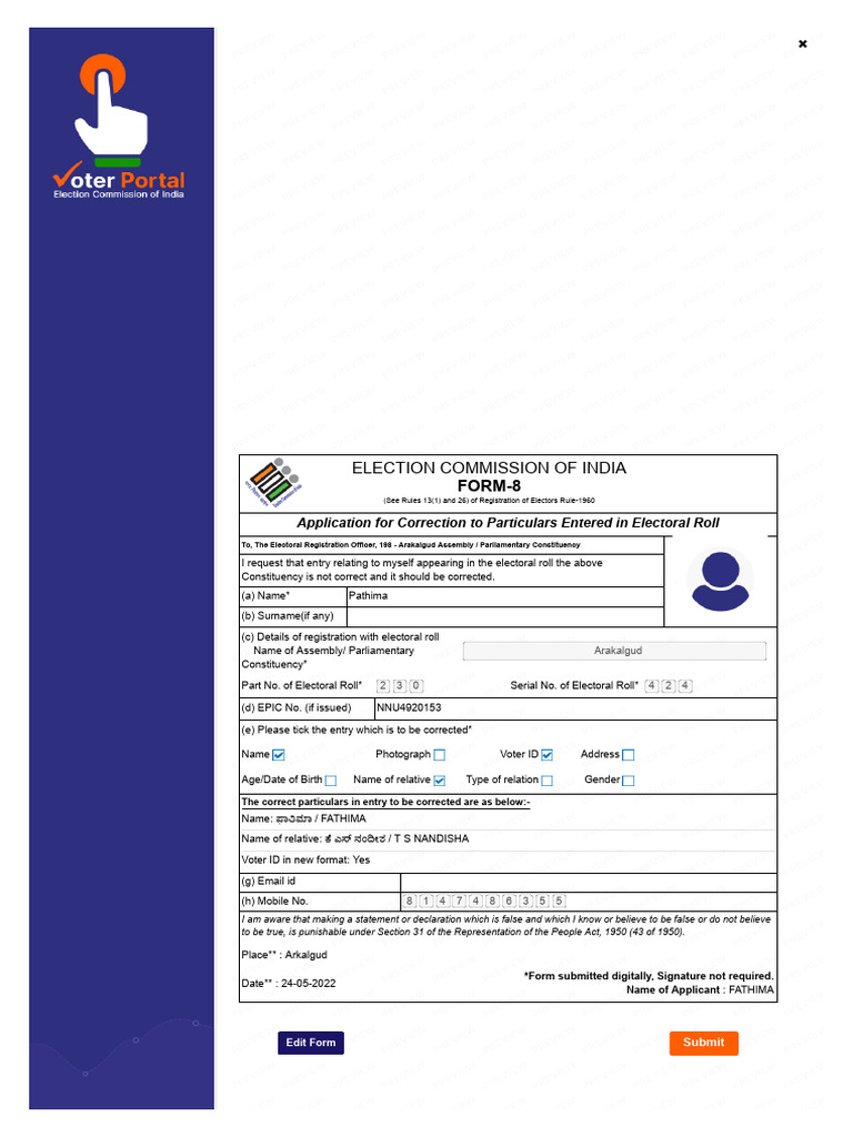 Form-8: Electoral Roll Correction Application | PDF
