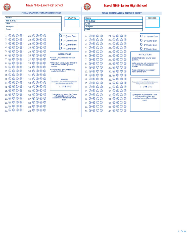 Naval NHS Junior High Exam Answer Sheet | PDF | Chess Theory | Chess