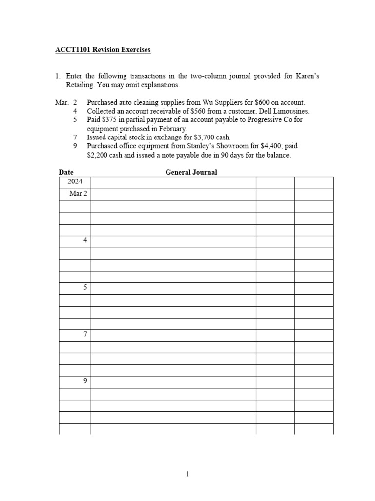 Accounting Journal Entry Exercises | PDF | Debits And Credits | Payments