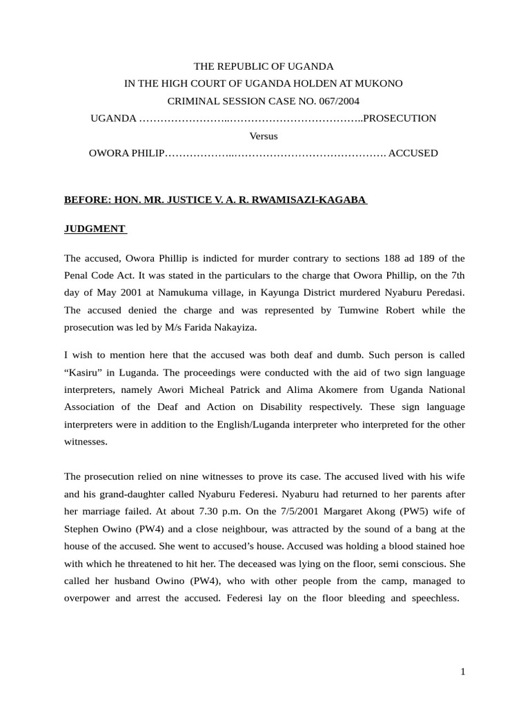 Uganda High Court Murder Case Judgment | PDF | Murder | Burden Of Proof ...