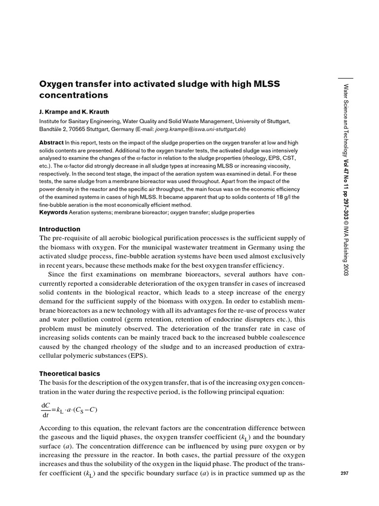 Oxygen transfer into activated sludge with high MLSS | PDF | Viscosity ...