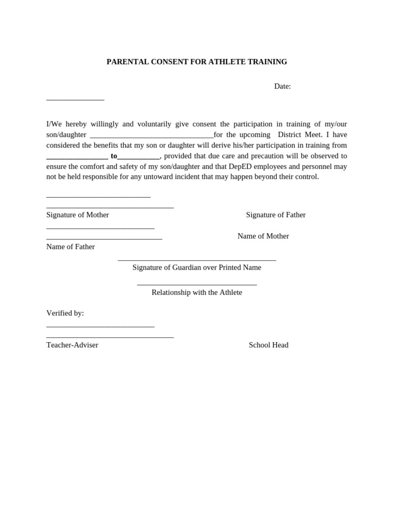 Parental Consent For Athlete Training | PDF