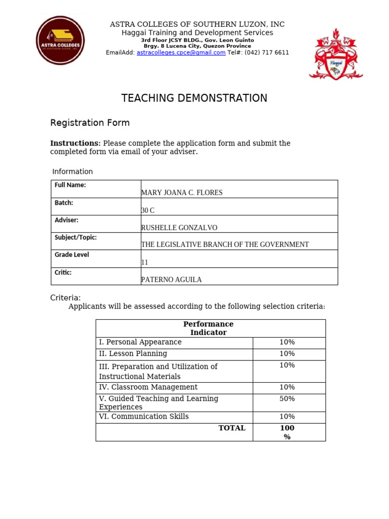 Teaching Demonstration Registration Form | PDF