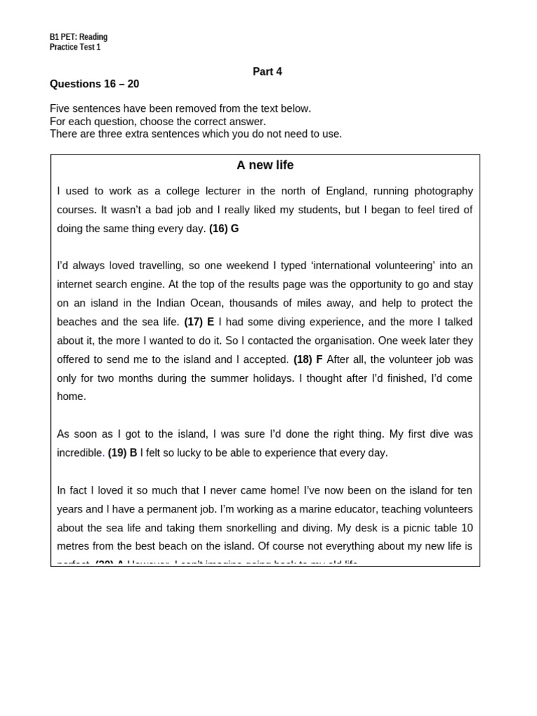 B1 PET Reading Practice Test 1 Part 4 | PDF