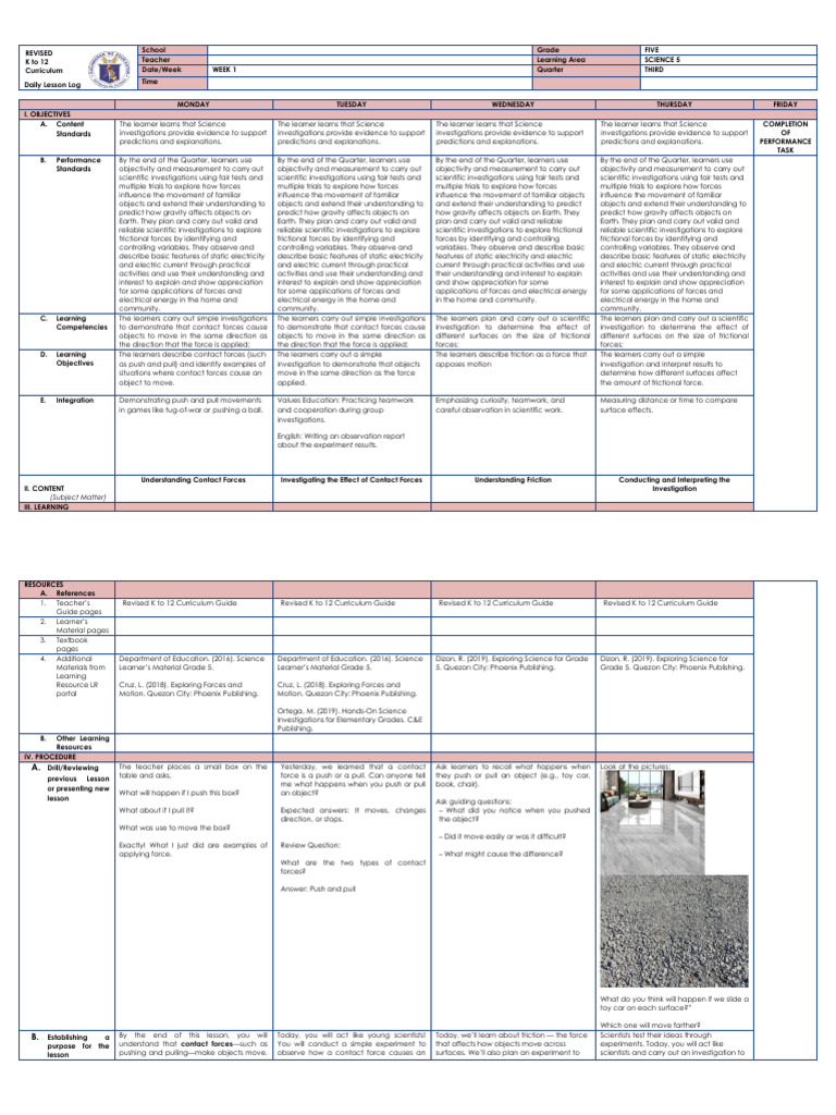 Science 5 Daily Lesson Log: Forces & Motion | PDF | Friction | Force