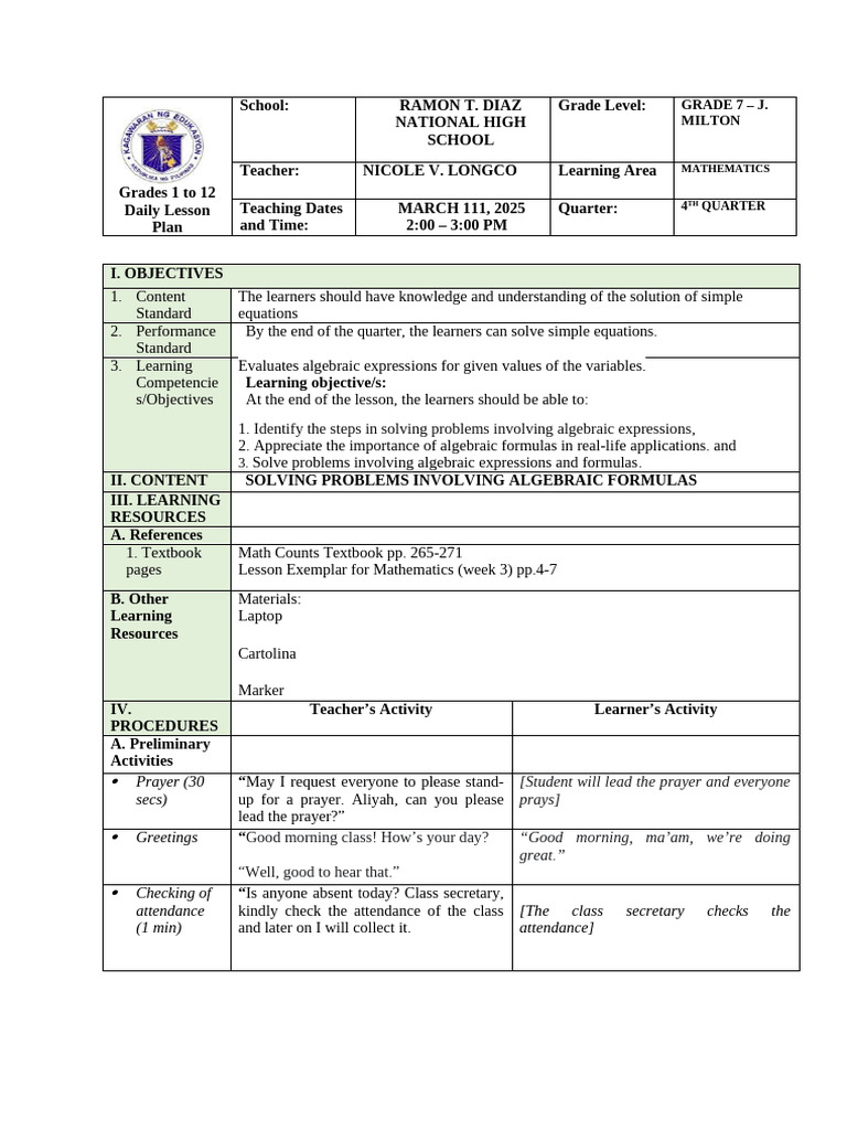 Grade 7 Math Lesson Plan: Algebraic Formulas | PDF | Equations | Algebra