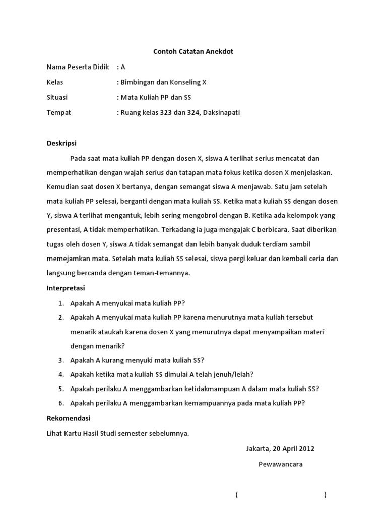 Contoh Catatan Anekdot