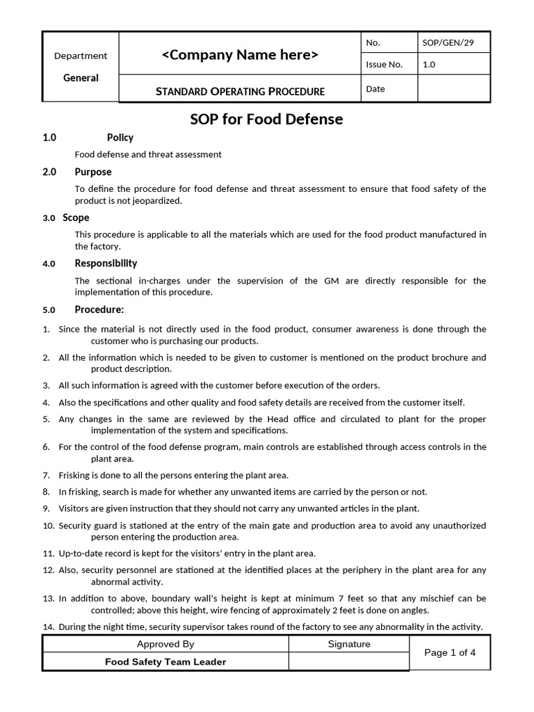 Food Defense SOP and Threat Assessment | PDF | Crimes | Crime & Violence