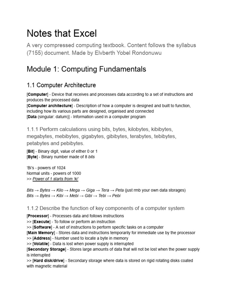 Excel Computing Fundamentals Guide | PDF | Computer Network | Byte