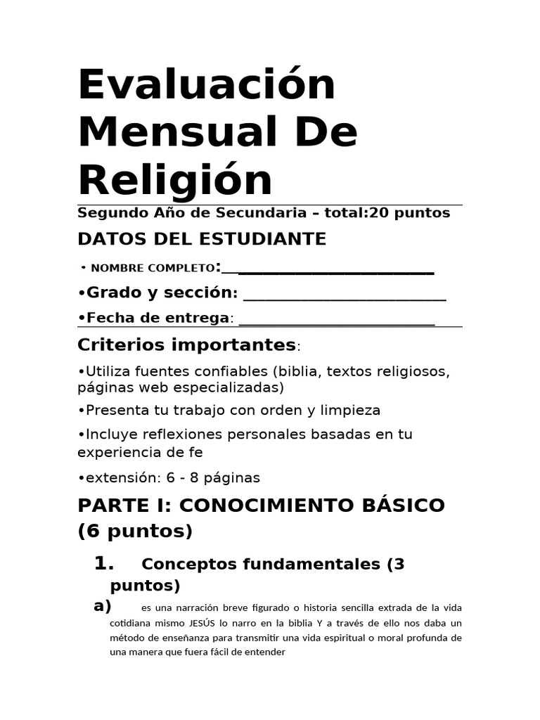 Evaluación Mensual de Religión Secundaria | PDF | Parábolas de Jesús ...