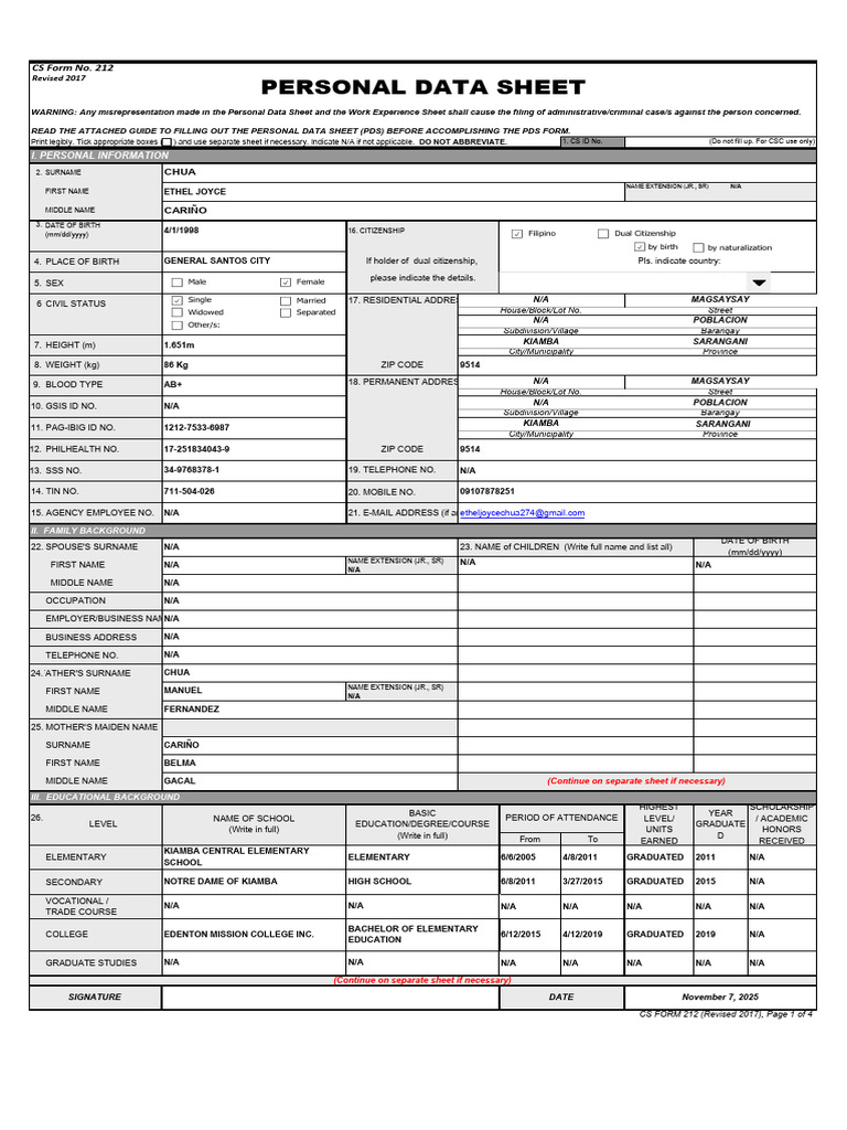 Personal Data Sheet Template | PDF