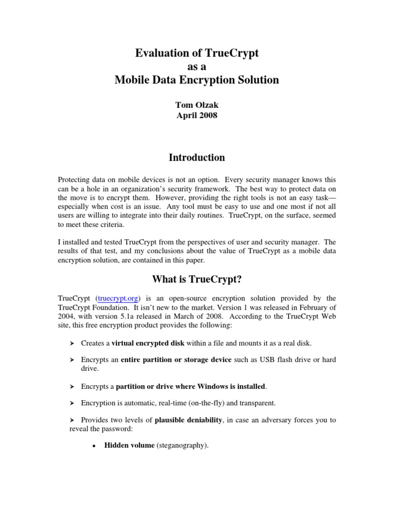 Evaluation of Truecrypt Asa Mobile Data Encryption Solution: Tom Olzak ...