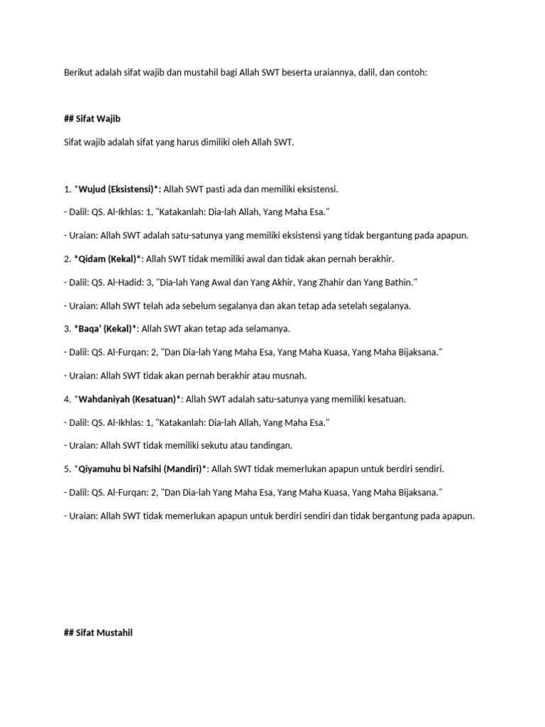 Sifat Wajib dan Mustahil Allah SWT | PDF