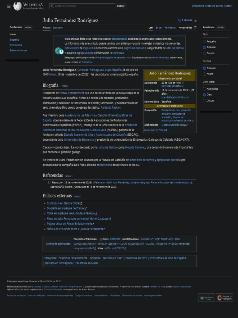 Fallece Julio Fernández, productor de Filmax | PDF | Wikipedia