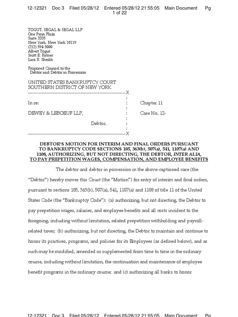Debtors Motion for Interim and Final Orders Pursuant to Bankruptcy Code ...