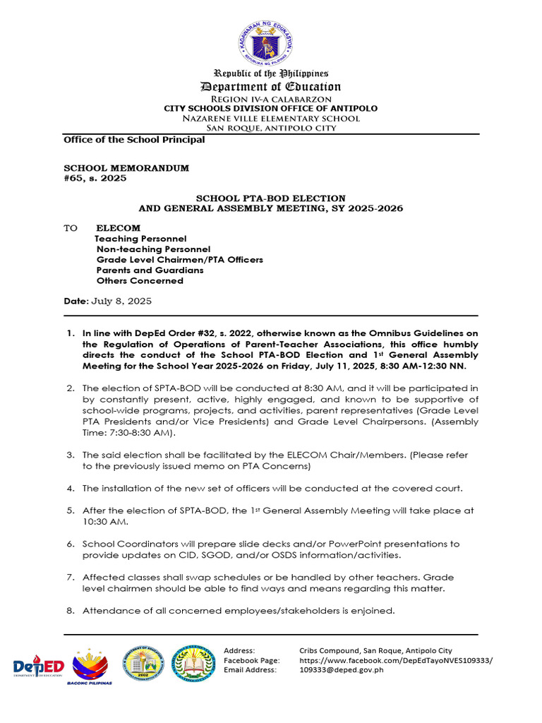 NVES Memo 65 2025 SCHOOL PTA BOD ELECTION AND FIRST GENERAL ASSEMBLY ...