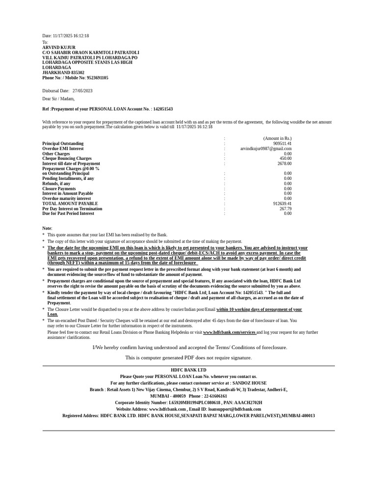 HDFC Personal Loan Prepayment Instructions | PDF | Cheque | Banks