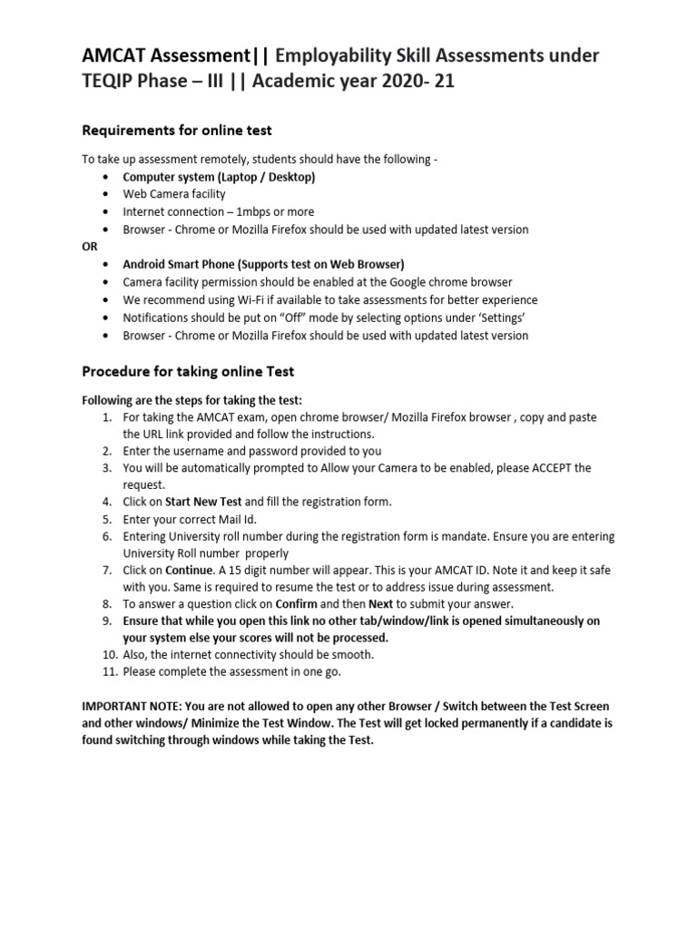AMCAT Online Test Guidelines 2020-21 | PDF | Computing | Software