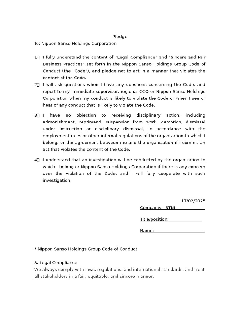 Nippon Sanso Code of Conduct Pledge | PDF | Bribery | Business