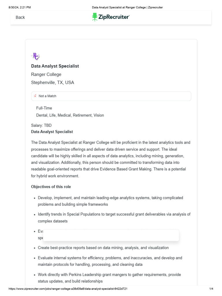 8-30-24 Data Analyst Specialist at Ranger College - Ziprecruiter | PDF ...