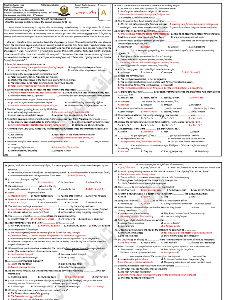 English Exam Questions for 12th Grade | PDF | Adjective | Grammar