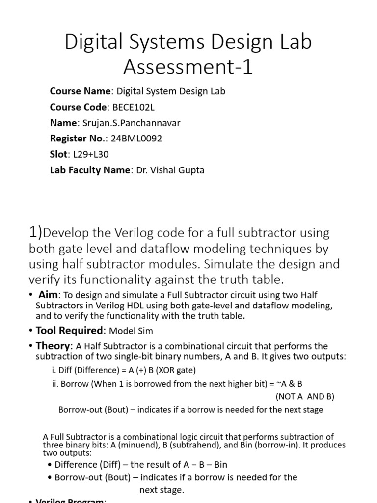 Digital Systems Design Lab Assessment-1: Course Name Course Code Name ...