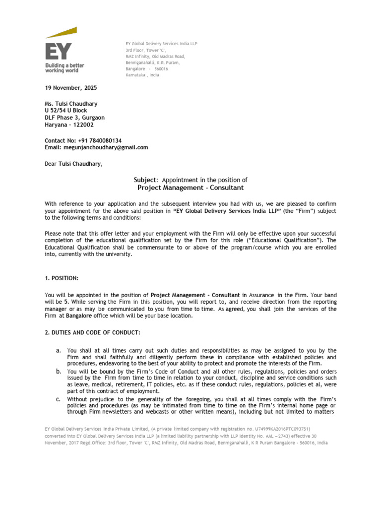 EY Offer Letter Tulsi Chaudhary | PDF | Employment | Confidentiality