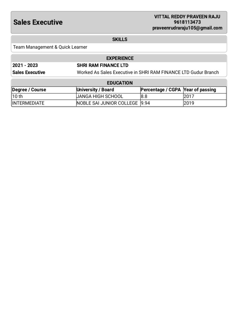 Sales Executive Resume - Vittal Reddy Praveen Raju | PDF