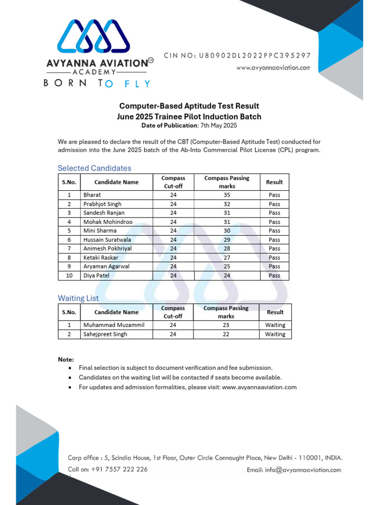 June 2025 Pilot Aptitude Test Results | PDF
