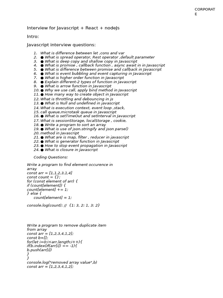 Interview For Javascript React Node | PDF | Java Script | Information ...