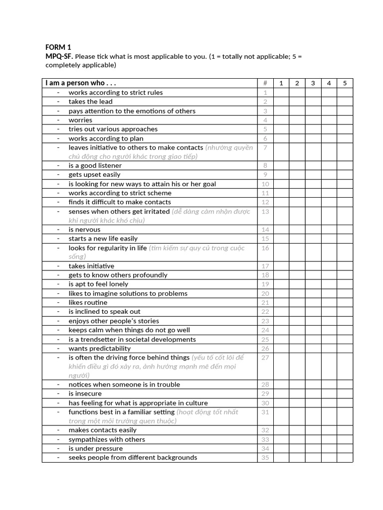 MPQ-SF Personality Assessment Form | PDF | Emotions | Cognition