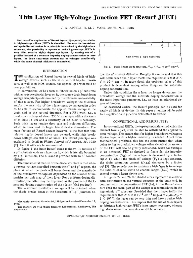 1981 Thin Layer High-Voltage Junction FET Resurf JFET | PDF | Field ...