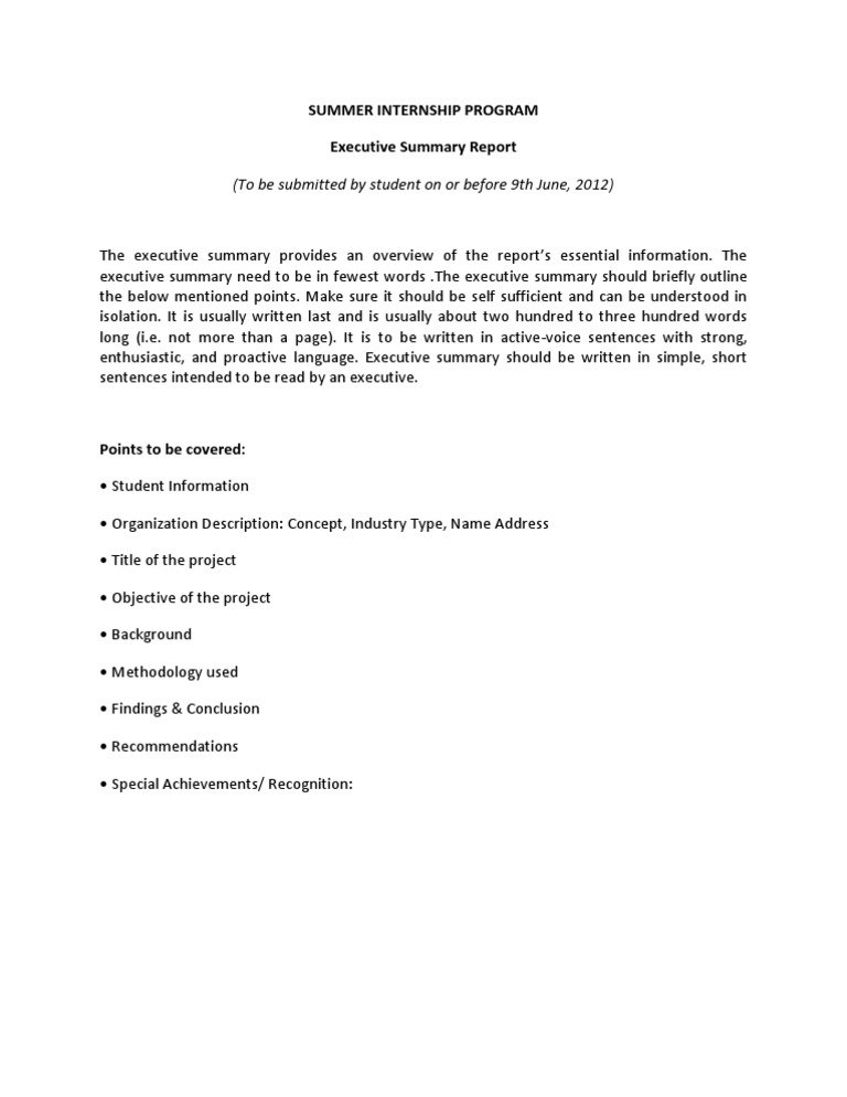 Summer Internship Executive Summary Guide | PDF