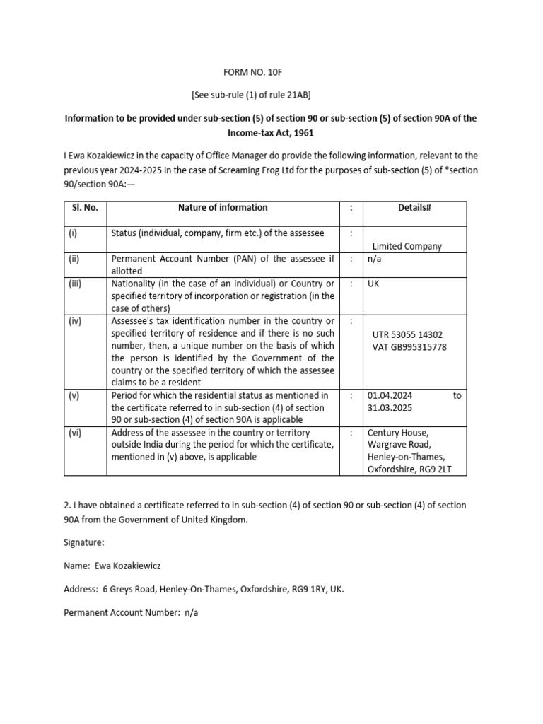 Form 10F Submission for Screaming Frog Ltd | PDF | Taxes