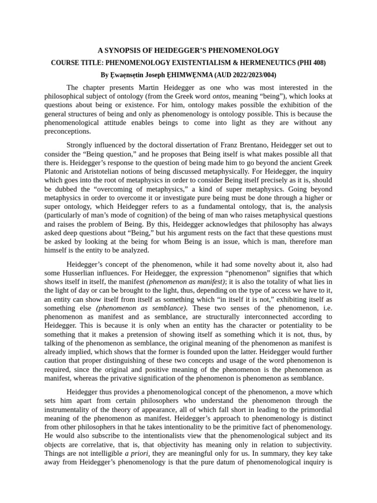 Heidegger's Phenomenology Explained | PDF | Existence | Martin Heidegger