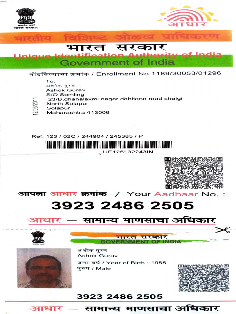 Aadhaar Identity Document for Ashok Gurav | PDF
