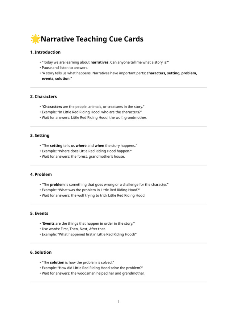 Narrative Teaching Cue Cards Guide | PDF
