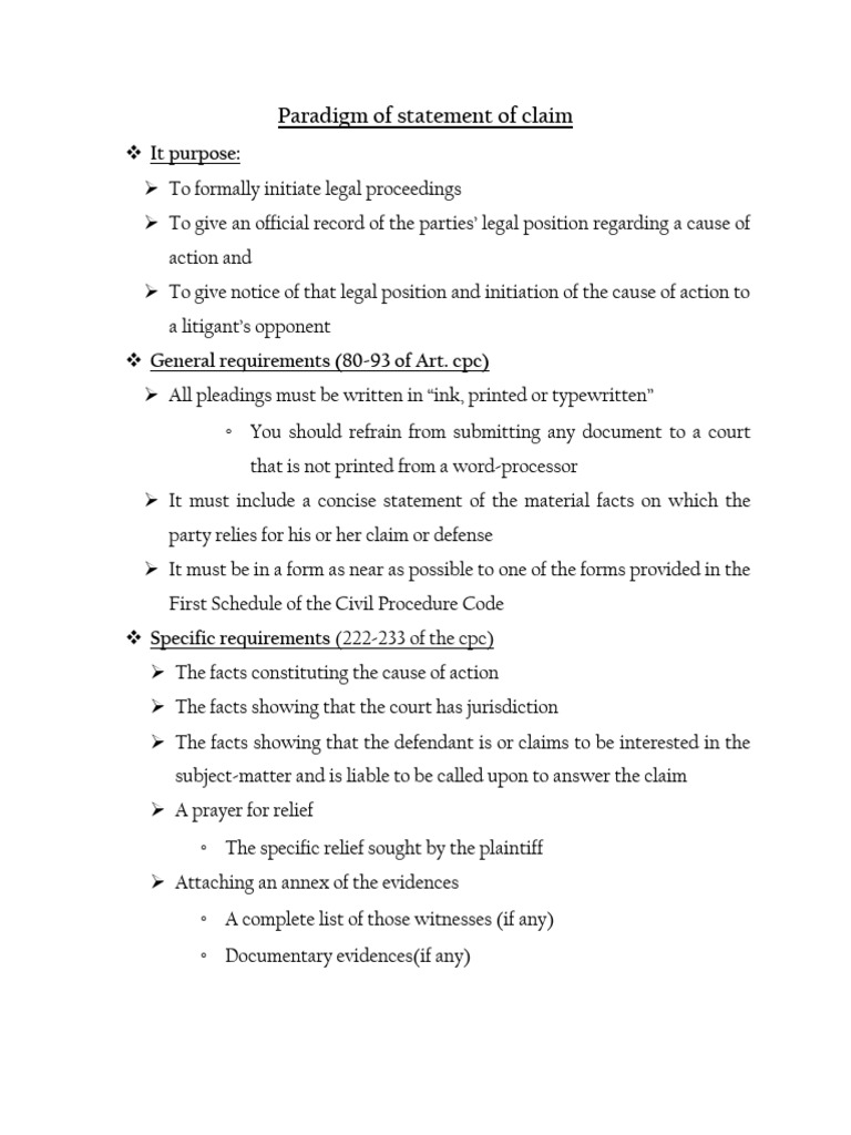 Lecturenote - 1872554080paradigm of Statement of Claim | PDF